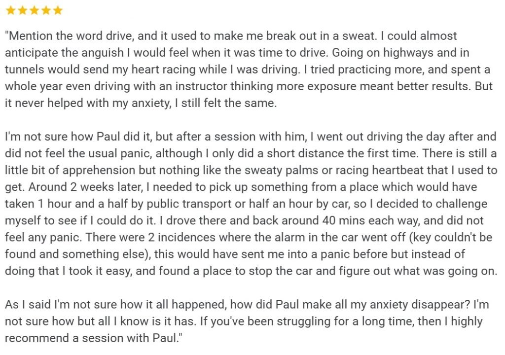 Testimonial from driving anxiety client
