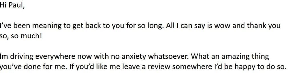 Testimonial from driving anxiety client