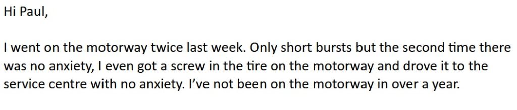 Testimonial from driving anxiety client