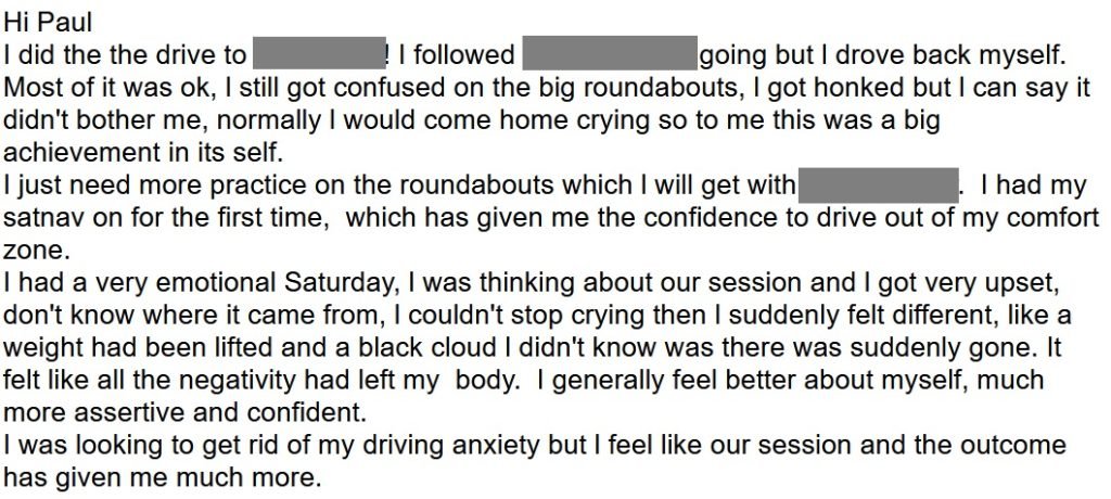 Testimonial from driving anxiety client