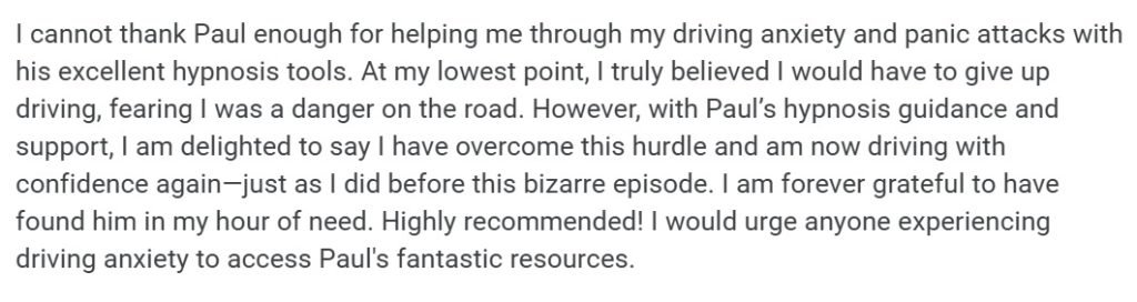 Testimonial from driving anxiety client
